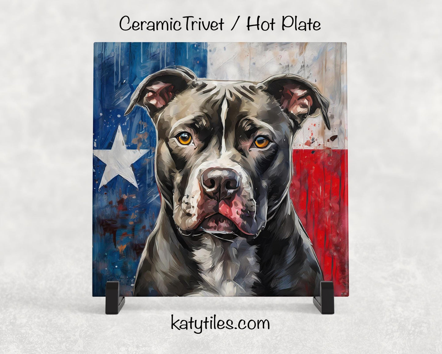 Three Fur Colors! Pit Bull with Texas Flag Ceramic Tile Trivet/Coaster– 6x6 Handmade Texas Dog Decor, Gift for Pitty Lovers, Made in Texas