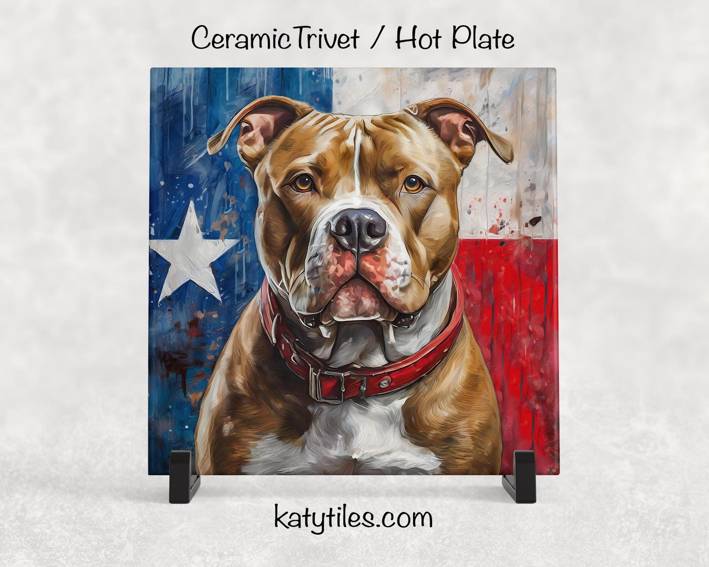 Three Fur Colors! Pit Bull with Texas Flag Ceramic Tile Trivet/Coaster– 6x6 Handmade Texas Dog Decor, Gift for Pitty Lovers, Made in Texas
