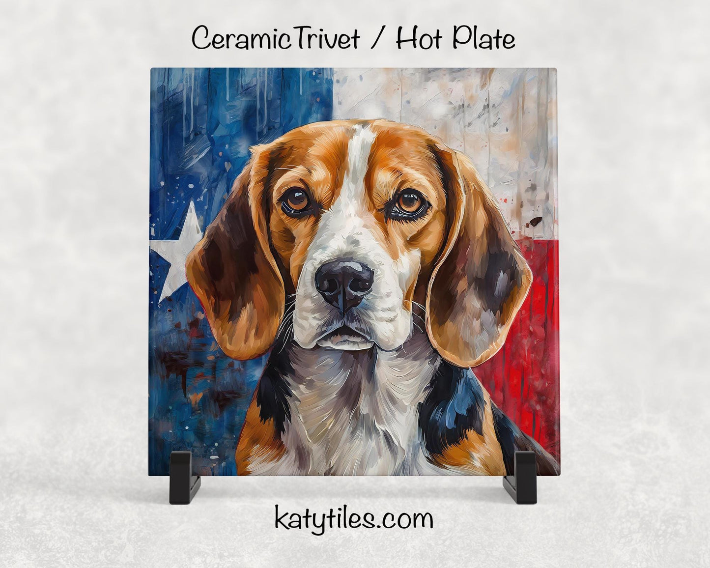 Beagle with Texas Flag Ceramic Tile Trivet/Coaster– 6x6 Handmade Texas Dog Decor, Gift for Beagle Lovers, Made in Texas