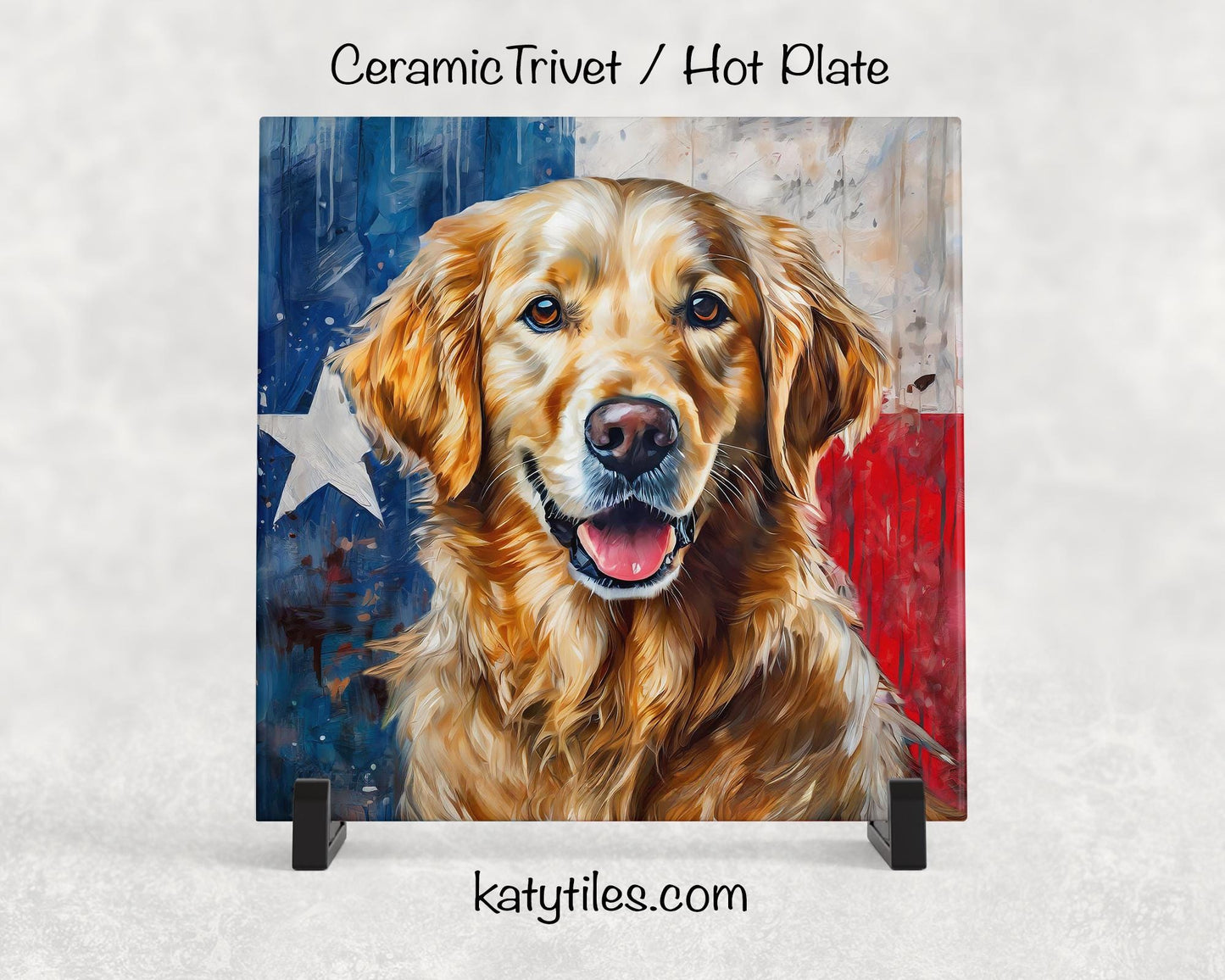 Two Designs! Golden Retriever with Texas Flag Ceramic Tile Trivet/Coaster– 6x6 Handmade Texas Dog Decor, Gift for Golden Retriever Lovers, M