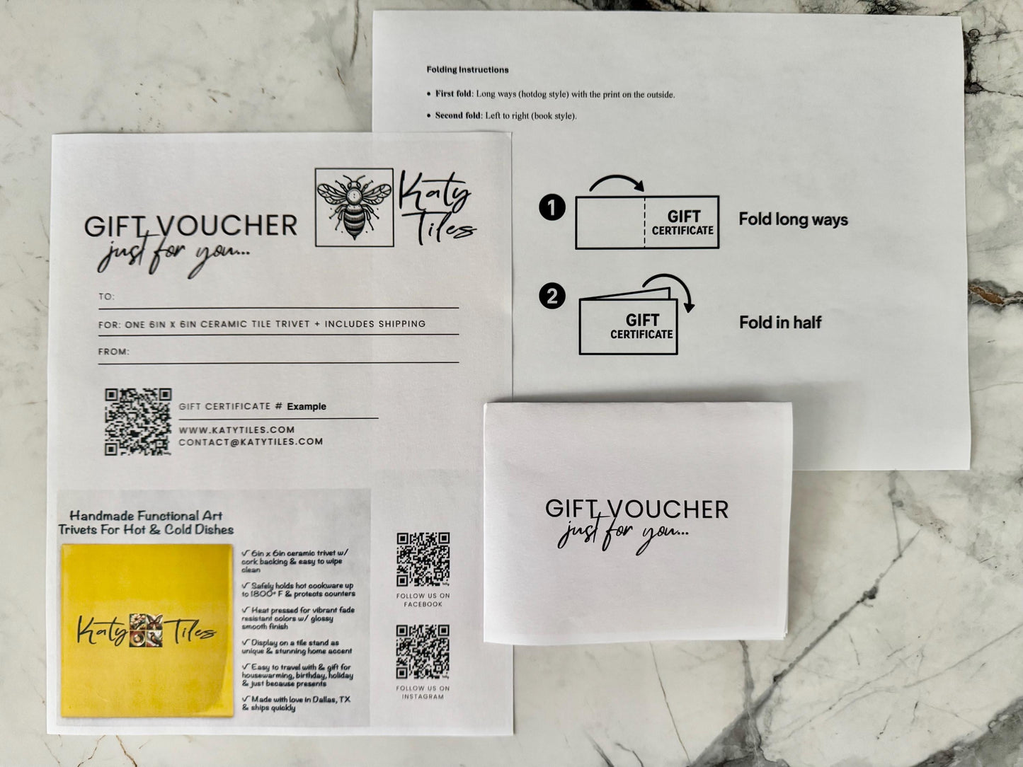 Katy Tiles Gift Certificate – One 6x6 Handmade Ceramic Tile Trivet + USA Shipping – Digital & Printable Gift Card