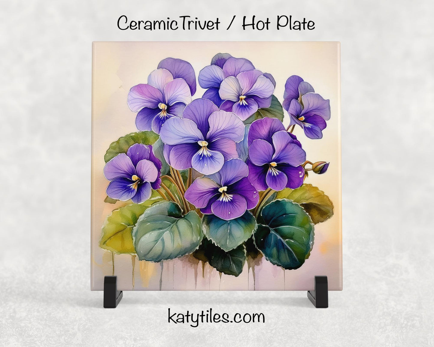 Watercolor African Violets Ceramic Tile Trivet/Coaster – 6x6 Handmade Floral Kitchen Decor, Mother’s Day Gift, Made in USA