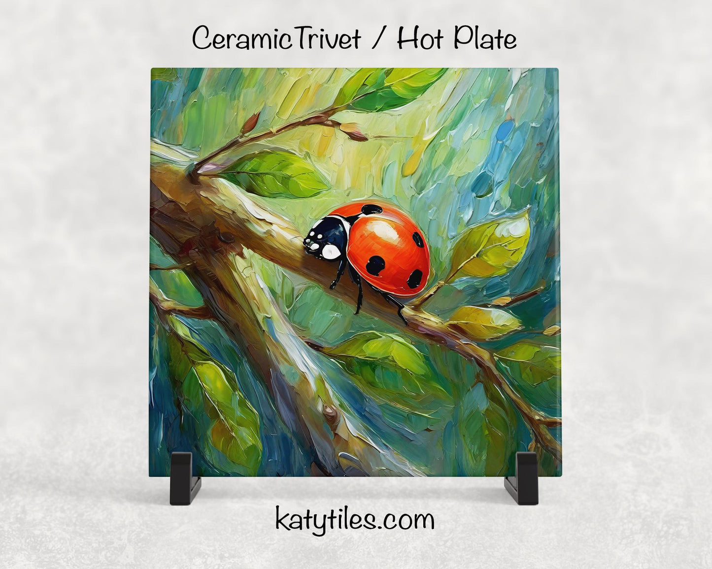 Ladybug on Tree Ceramic Tile Trivet/Coaster – 6x6 Handmade Nature Kitchen Decor, Garden Lover Gift, Made in USA