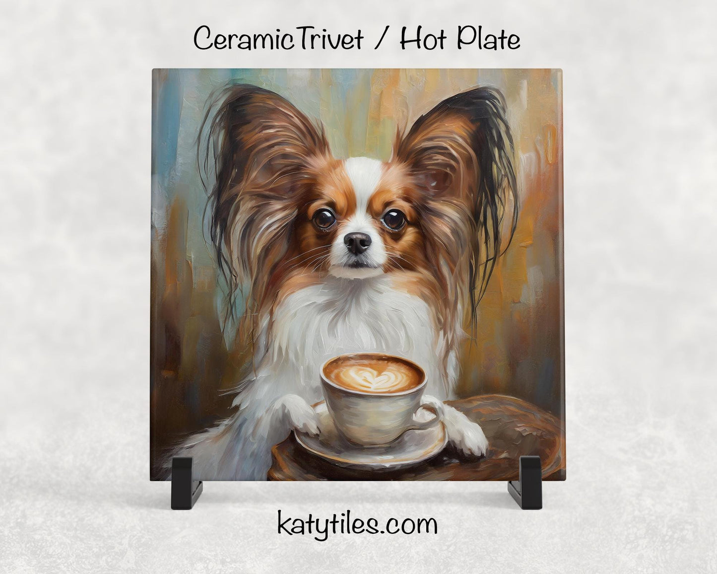 Papillon Drinking Coffee Ceramic Tile Trivet For Hot Dishes/Coaster – 6x6 Handmade Kitchen Decor, Gift for Papillon Lovers, Made in USA