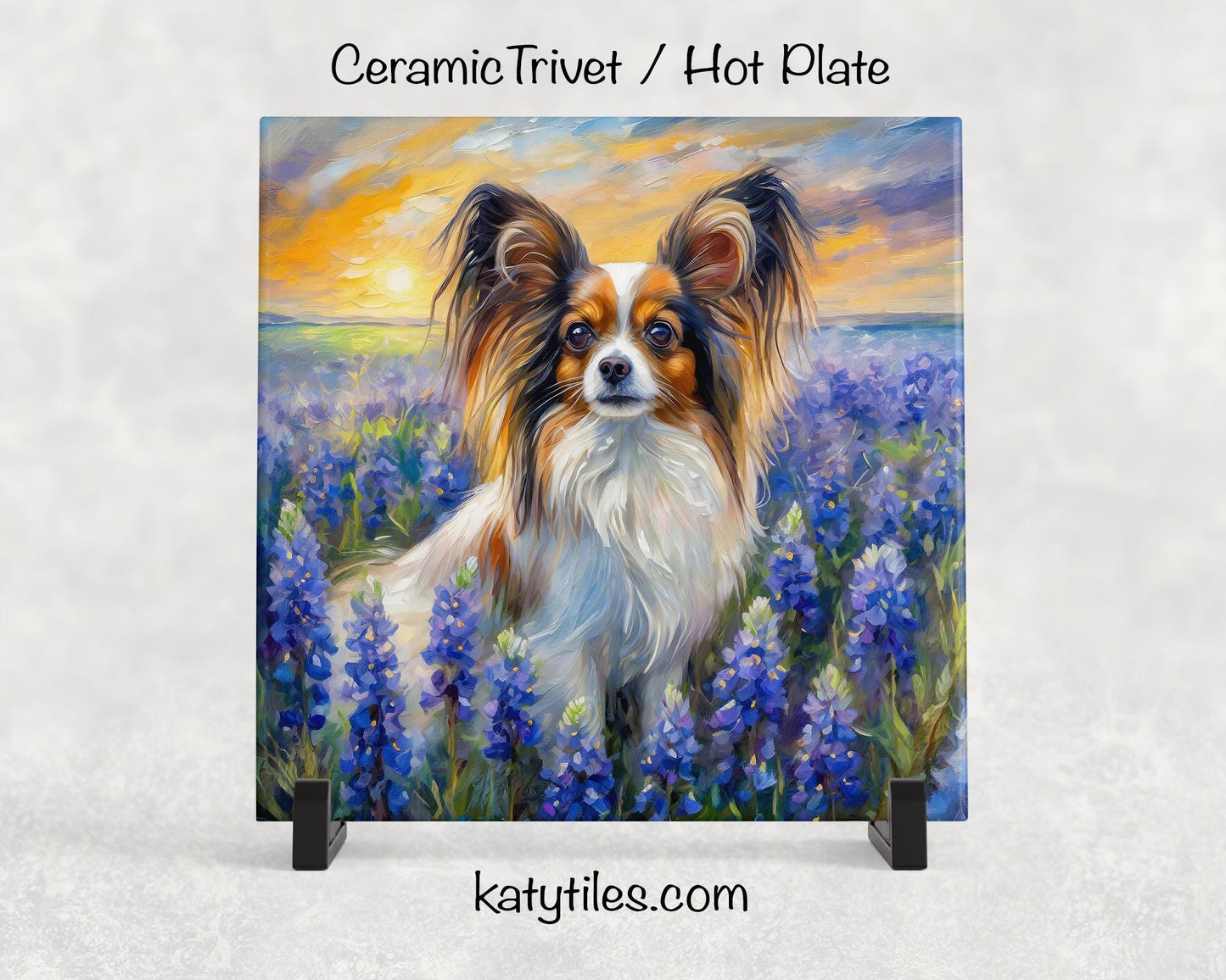 Papillon in Bluebonnets Ceramic Tile Trivet For Hot Dishes/Coaster – 6x6 Handmade Kitchen Decor, Gift for Dog Lovers, Made in USA