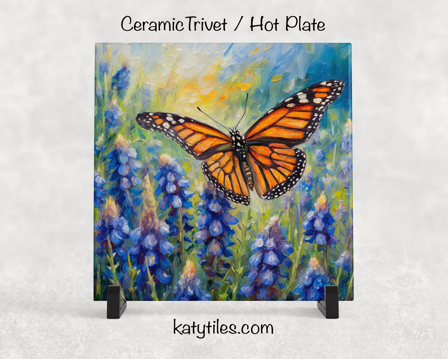Monarch Butterfly on Bluebonnets Ceramic Tile Trivet/Coaster – 6x6 Handmade Floral Kitchen Decor, Garden Lover Gift, Made in USA