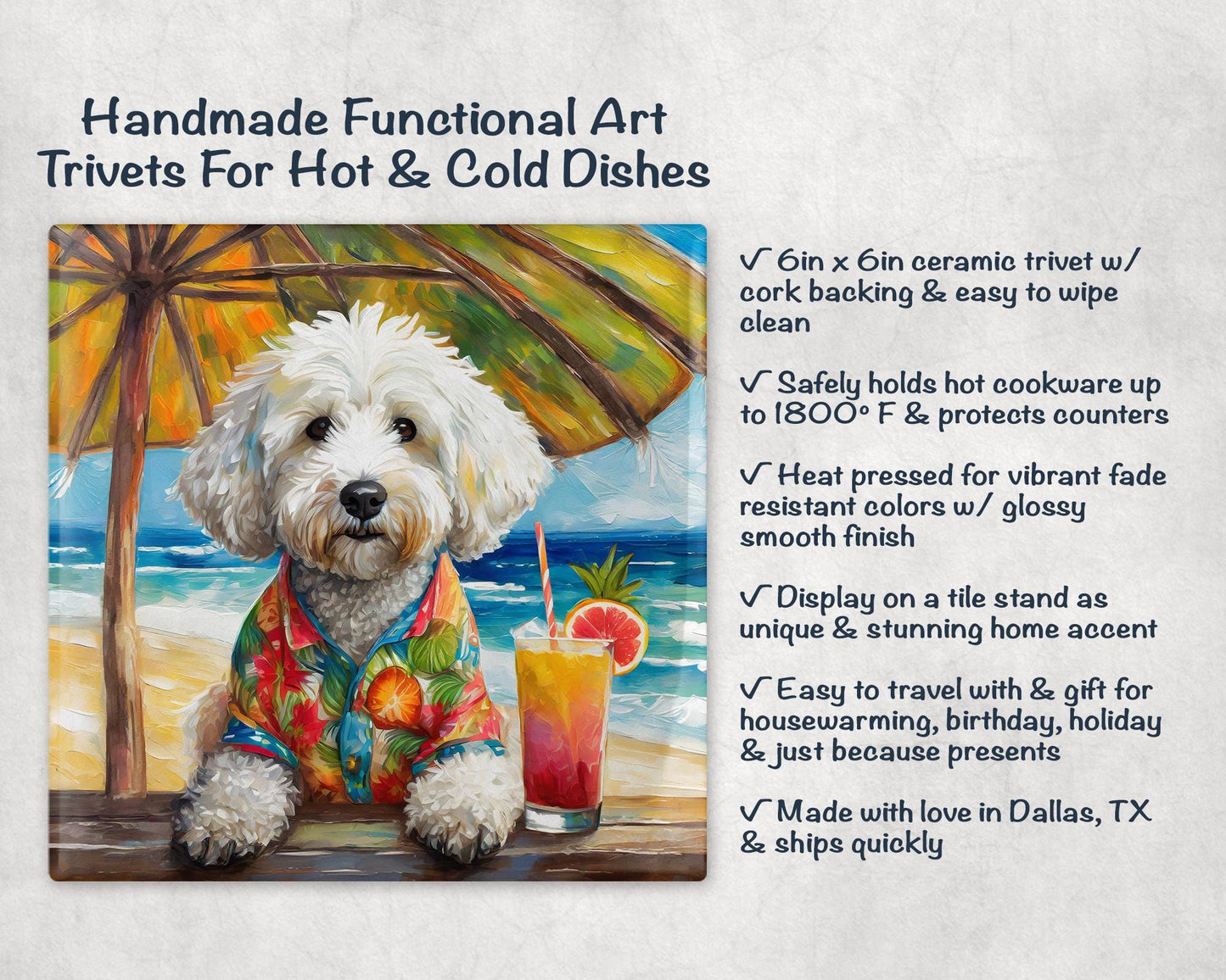 White Doodle Drinking a Cocktail on the Beach Ceramic Tile Trivet/Coaster – 6x6 Handmade Tropical Dog Decor, Made in USA