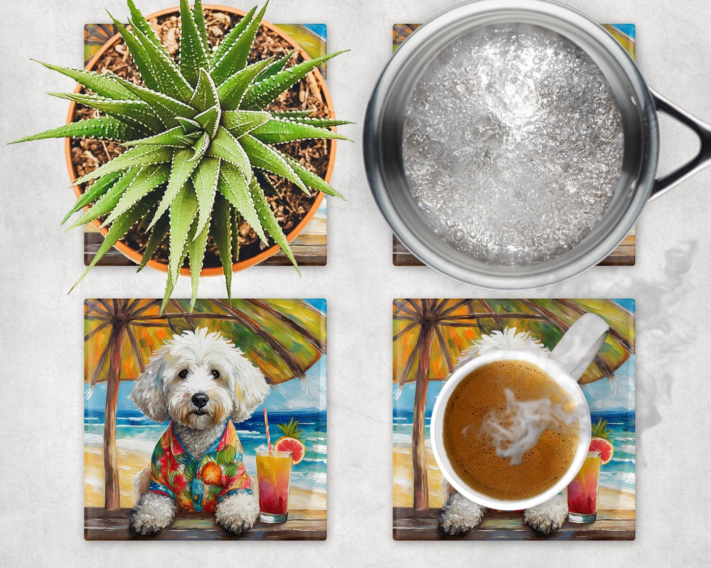 White Doodle Drinking a Cocktail on the Beach Ceramic Tile Trivet/Coaster – 6x6 Handmade Tropical Dog Decor, Made in USA