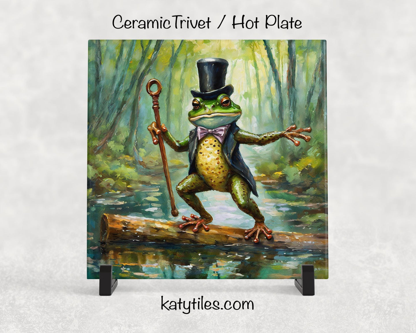 The Fantastic Mr. Frog Ceramic Tile Trivet/Coaster – 6x6 Handmade Whimsical Kitchen Decor, Dancing Green Frog in Swamp, Made in USA