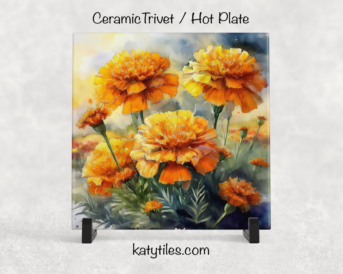 3 Designs! Marigolds Ceramic Tile Trivet/Coaster – 6x6 Handmade Floral Kitchen Decor, Vibrant Botanical Gift, Made in USA