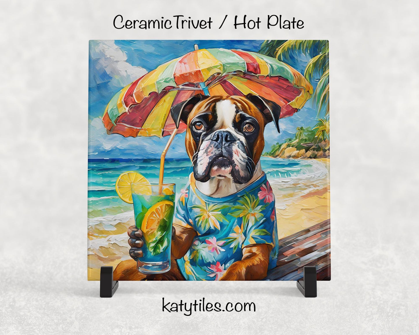 Boxer on the Beach Drinking a Tropical Drink Ceramic Tile Trivet/Coaster – 6x6 Handmade Coastal Dog Decor, Gift for Dog Lovers, Made in USA
