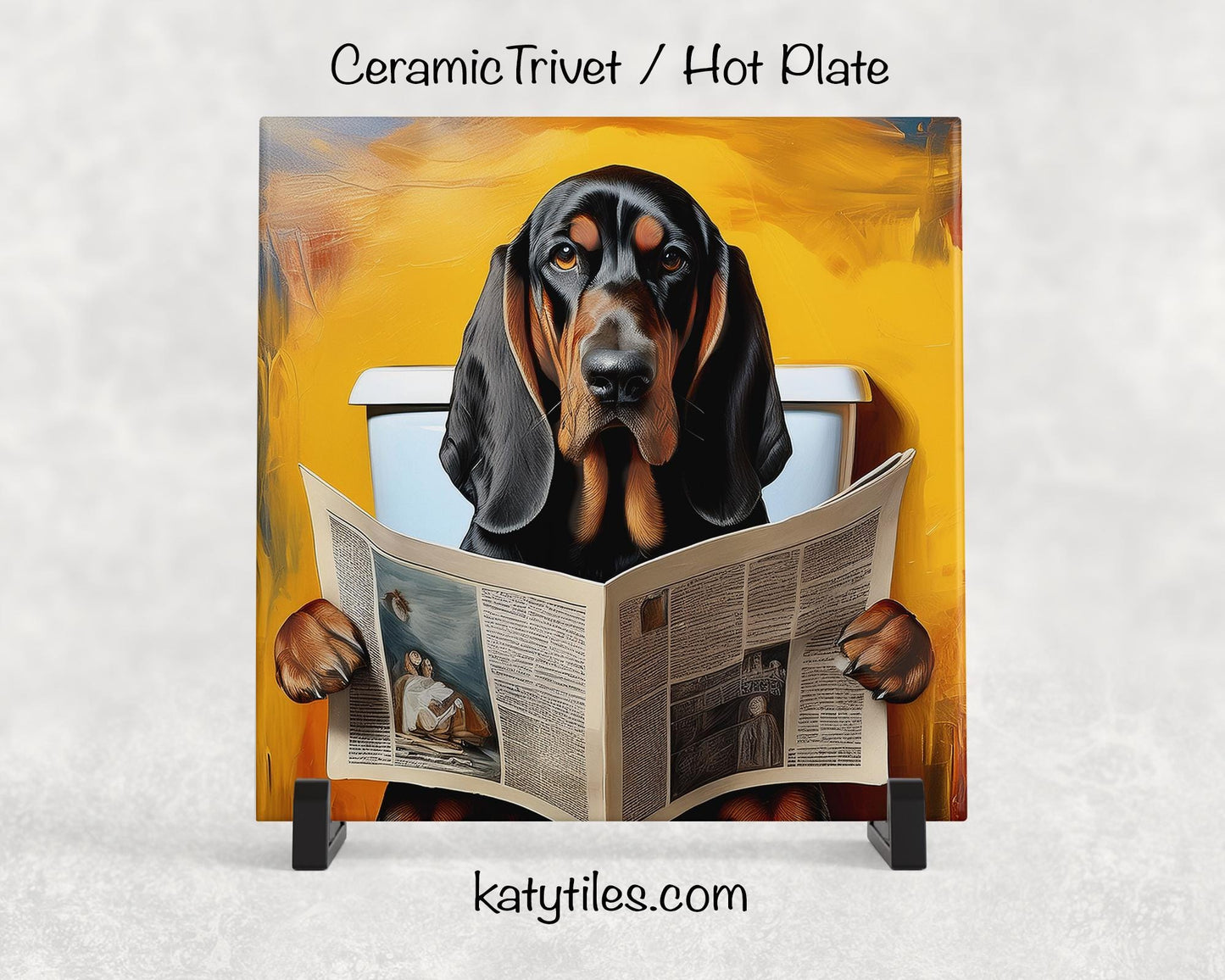 Poopin’ Bloodhound Ceramic Tile Trivet/Coaster – 6x6 Handmade Funny Dog Decor, Bloodhound on Toilet Reading Newspaper, Made in USA