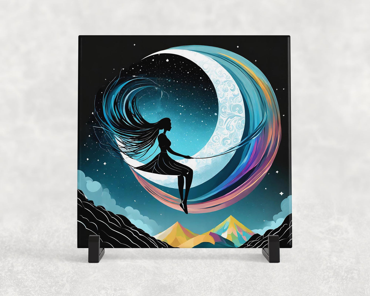 Rainbow Fantasy Girl on the Moon Ceramic Tile Trivet/Coaster – 6x6 Handmade Enchanted Kitchen Decor, Made in USA