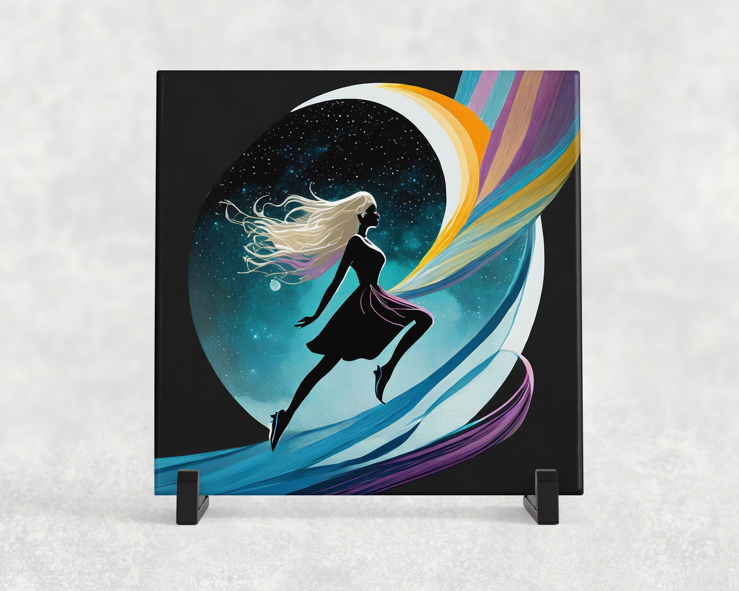 Rainbow Fantasy Girl on the Moon Ceramic Tile Trivet/Coaster – 6x6 Handmade Enchanted Kitchen Decor, Made in USA