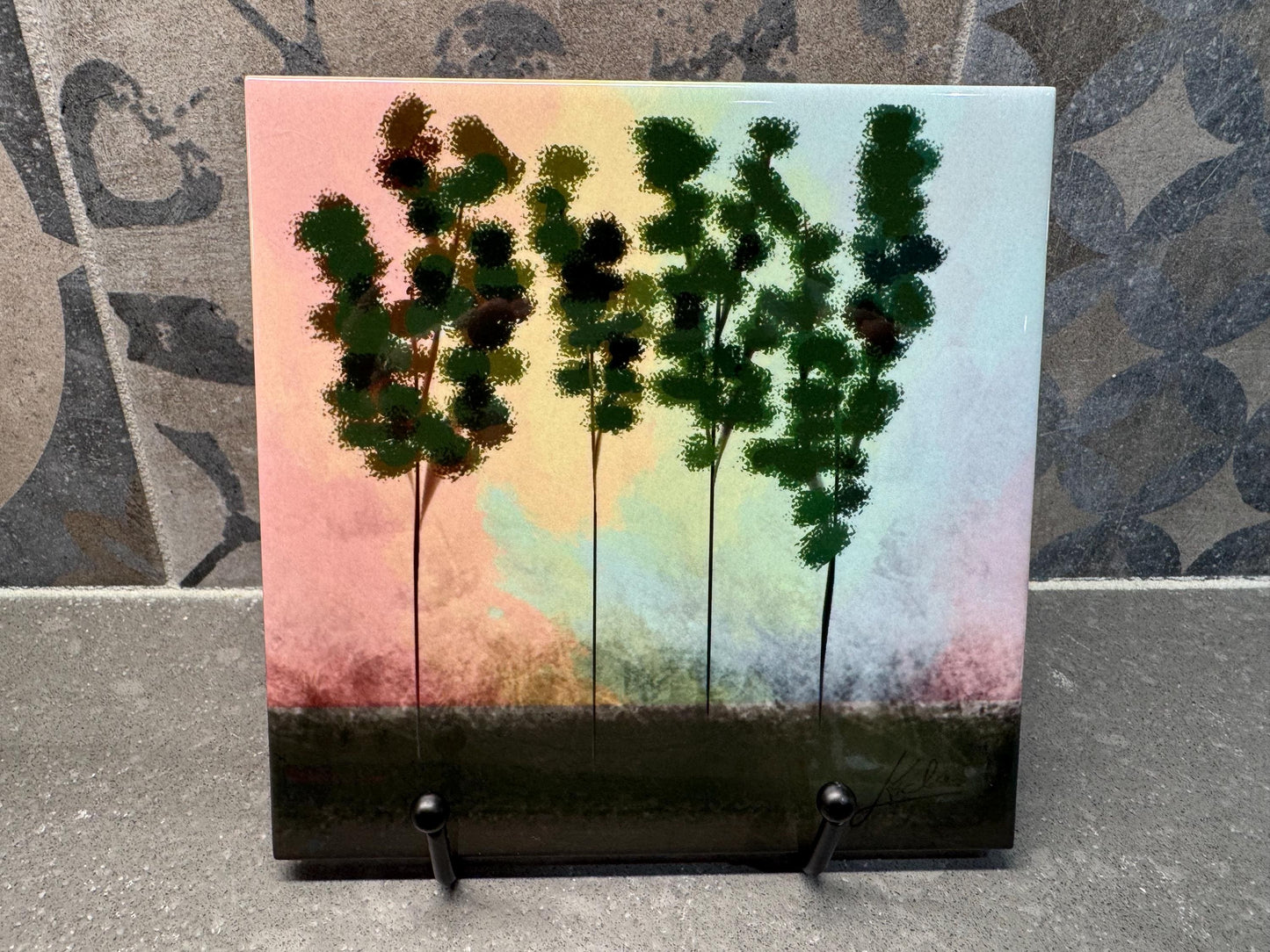 Abstract Trees at Sunset Ceramic Tile Trivet/Coaster – 6x6 Handmade Modern Landscape Decor, Made in USA