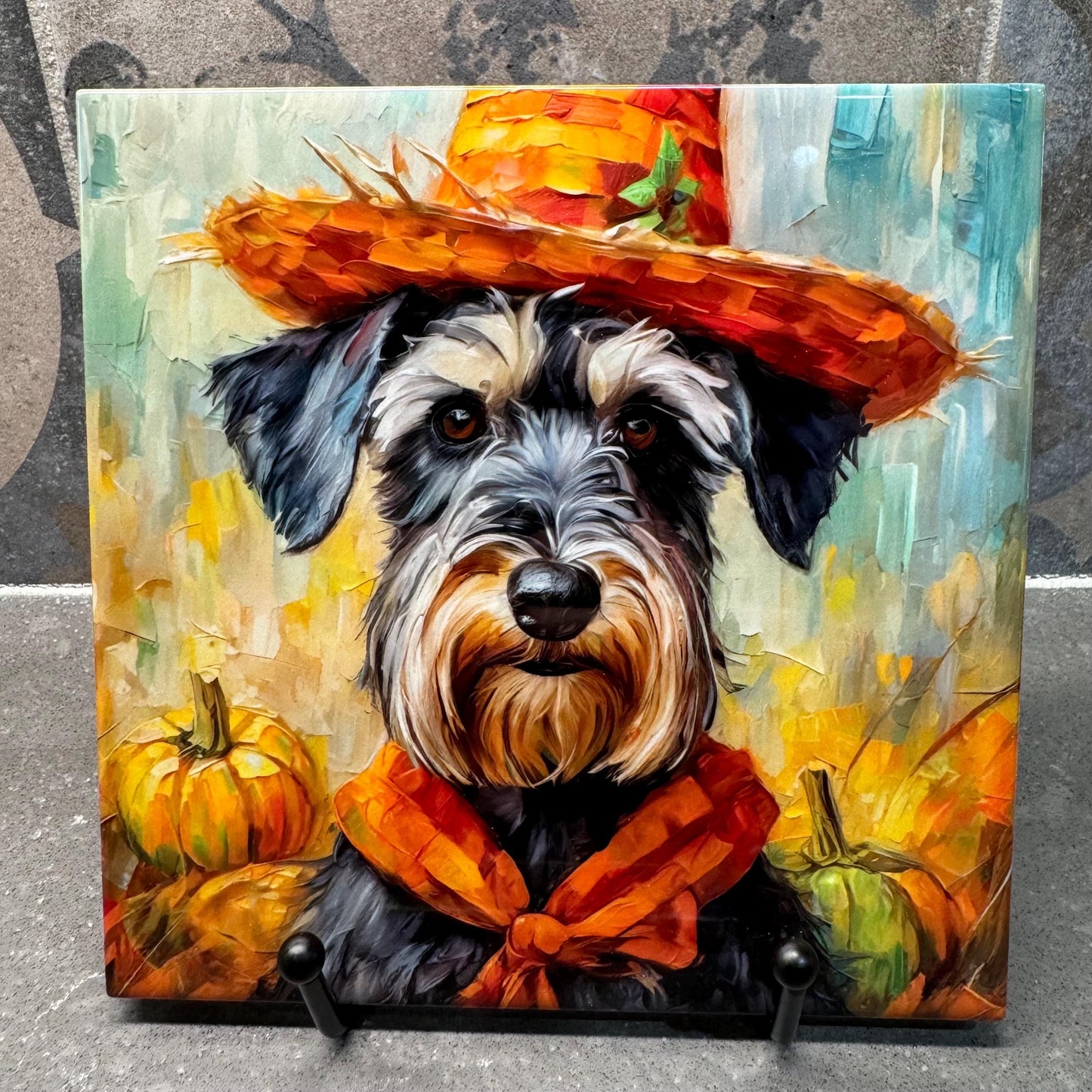 Fall Scarecrow Schnauzer Trivet for Hot Dishes, Hot Plate Coaster Tile Art, Custom Pot Holder, Gift for Schnauzer Lovers