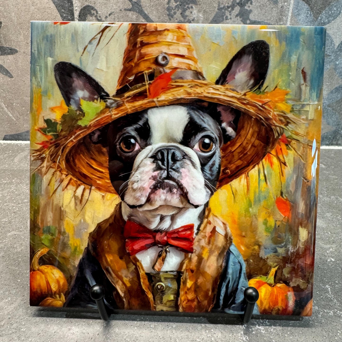 Fall Scarecrow Boston Terrier Trivet for Hot Dishes, Hot Plate Coaster Tile Art, Custom Pot Holder, Gift for Boston Terrier Lovers
