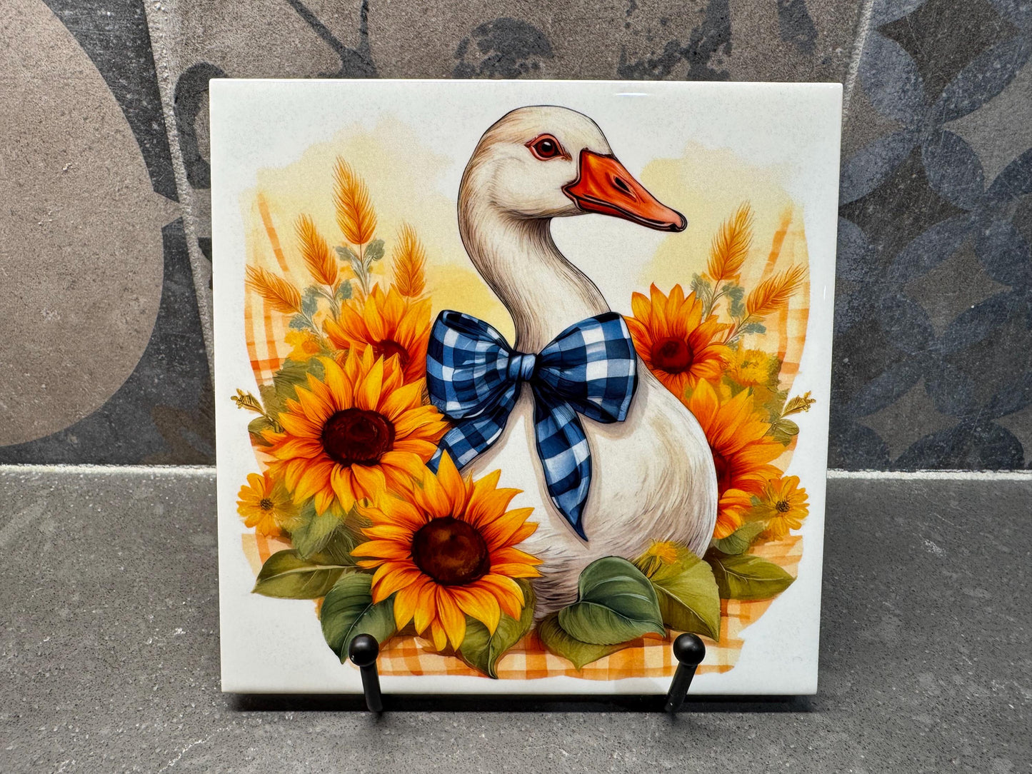 White Goose with Sunflowers Ceramic Tile Trivet/Coaster –6x6 Handmade Farmhouse Kitchen Decor, ’90s Country Blue Goose Inspired, Made in USA