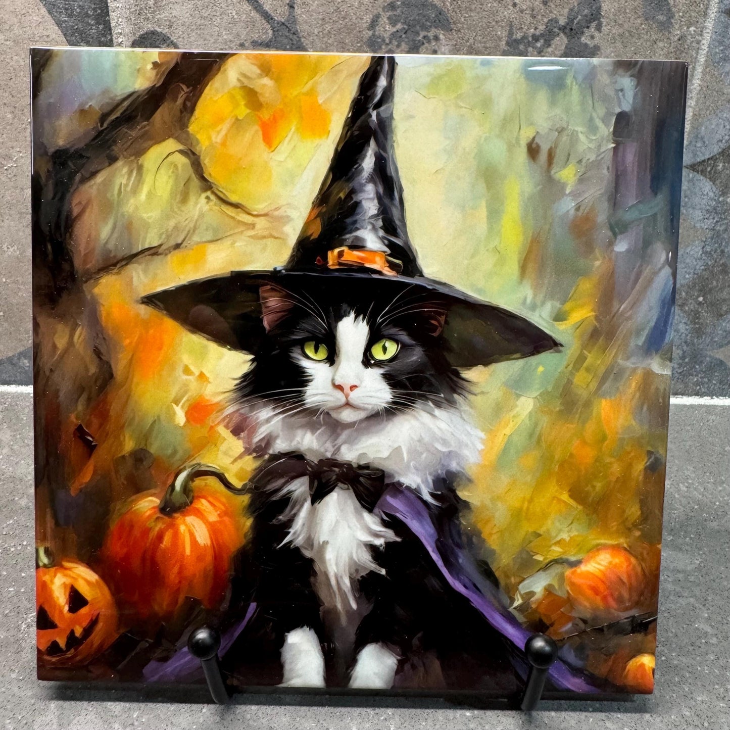 6 Designs! Witch Cats Halloween Ceramic Tile Trivet/Coaster – 6x6 Handmade Fall Kitchen Decor - Black, Calico, White, Tabby, Tuxedo Cat