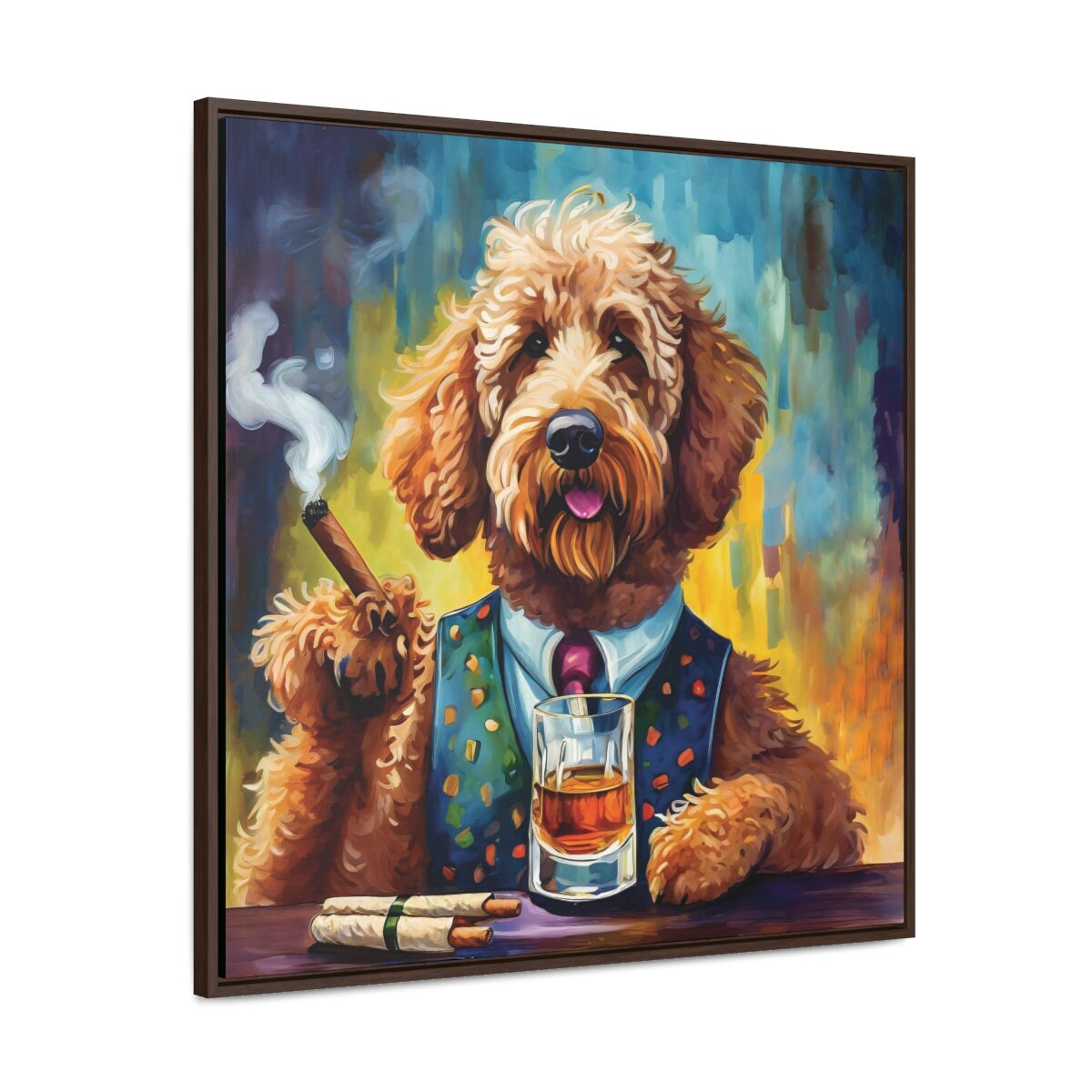 Framed Canvas Print Wall Art Scotch and Cigar Goldendoodle, 30x30, 24x24, 20x20, 16x16, Walnut and Black Frame, Goldendoodle Art