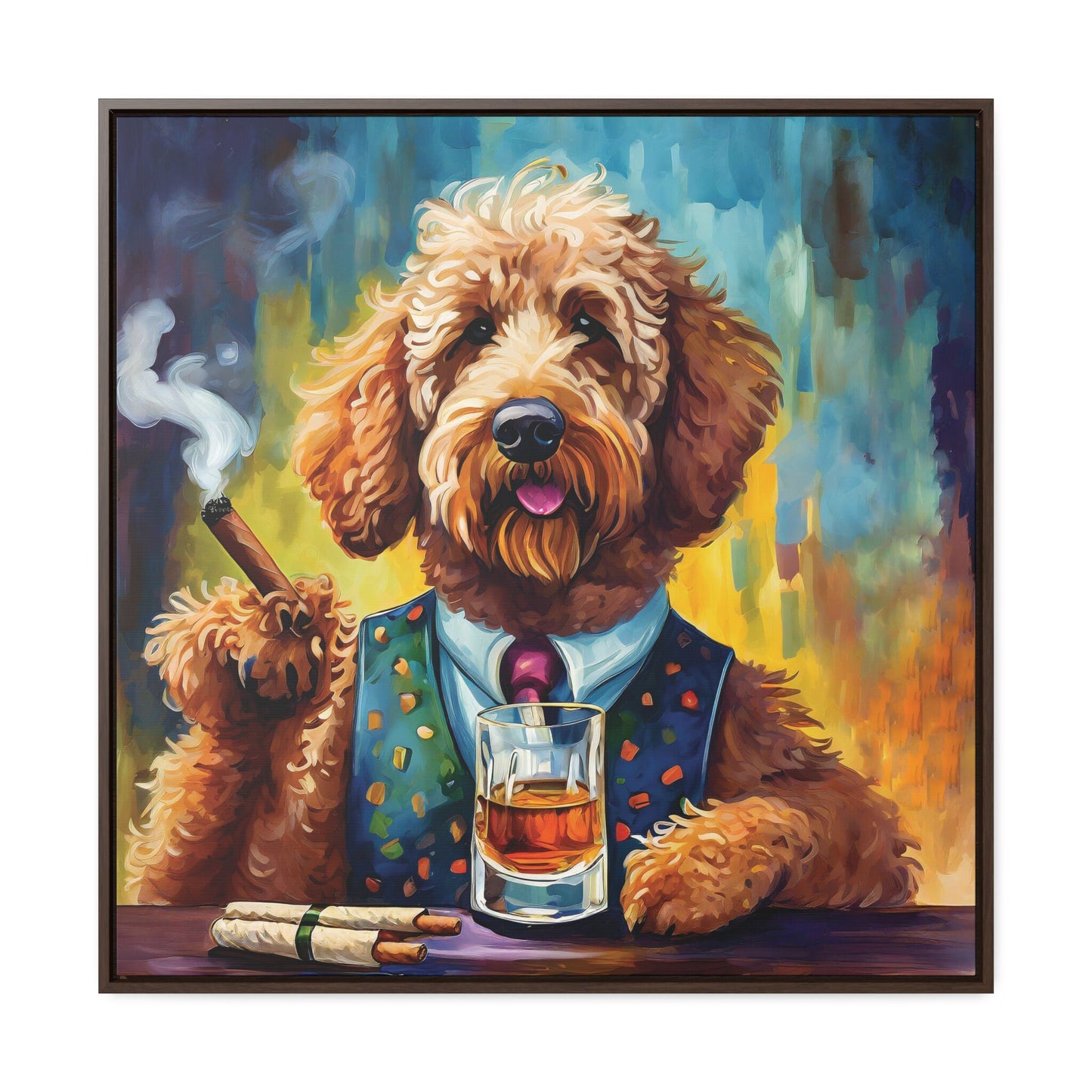 Framed Canvas Print Wall Art Scotch and Cigar Goldendoodle, 30x30, 24x24, 20x20, 16x16, Walnut and Black Frame, Goldendoodle Art