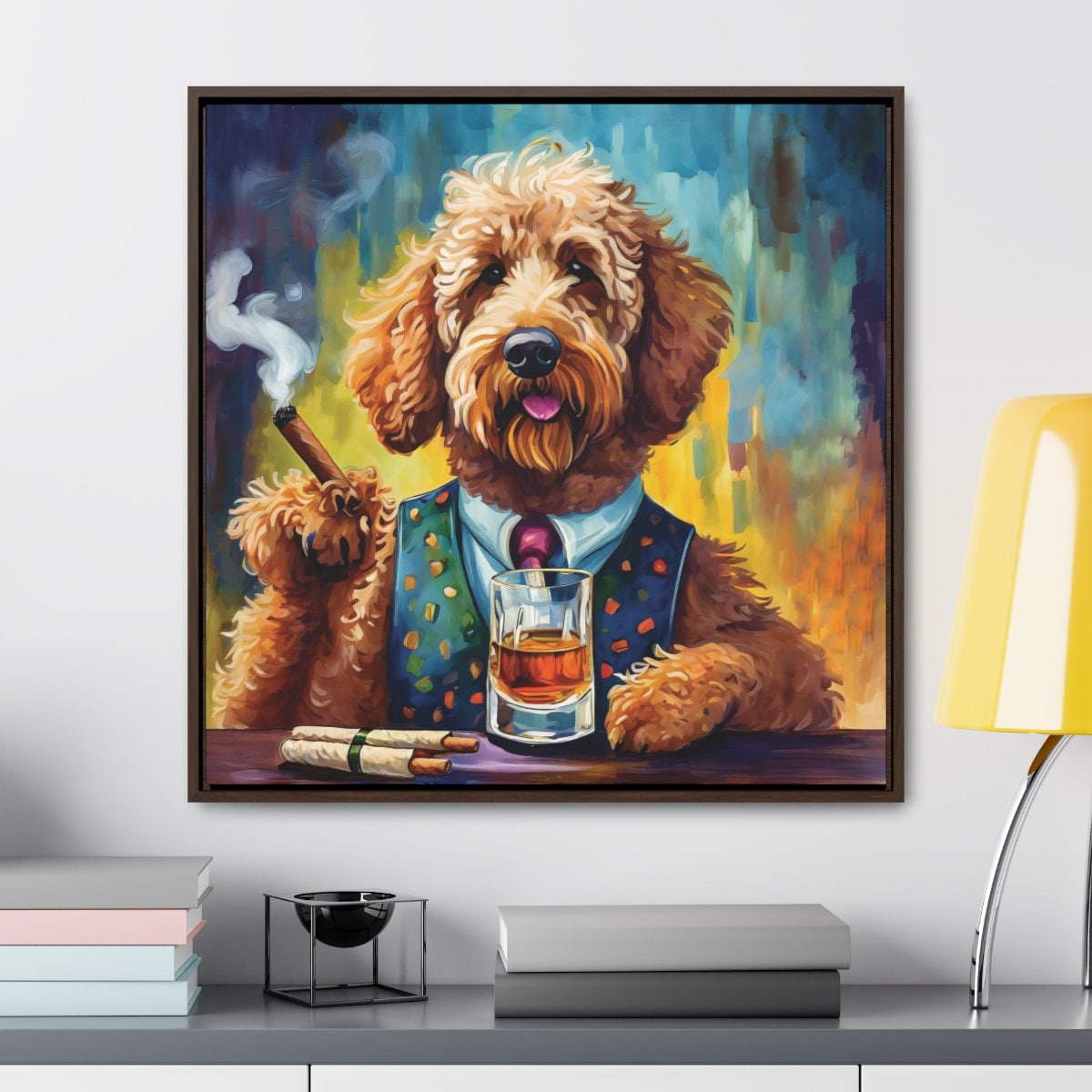 Framed Canvas Print Wall Art Scotch and Cigar Goldendoodle, 30x30, 24x24, 20x20, 16x16, Walnut and Black Frame, Goldendoodle Art