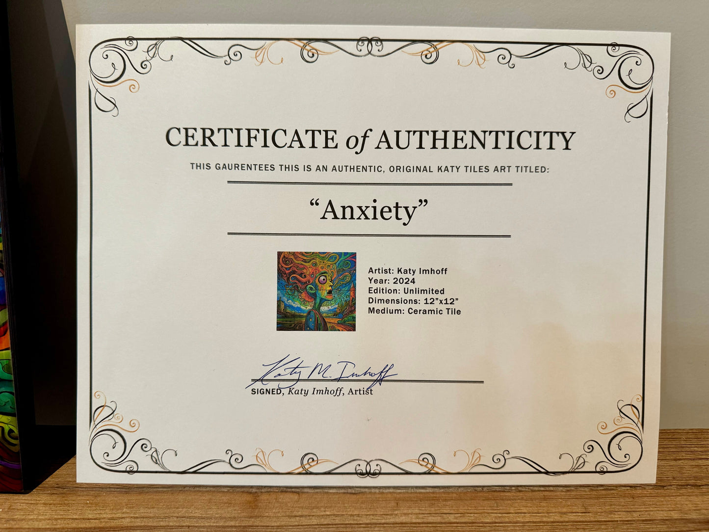 Anxiety Ceramic Tile Wall Art Hanging Flat Mount,12x12 Ceramic Tile Art, Signed, Letter of Authentication, 12"x12", Colorful home decor