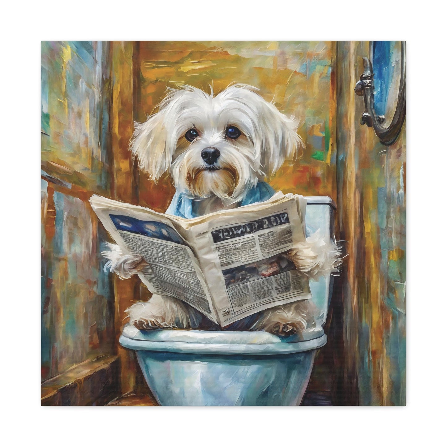 Frameless Canvas Print, Poopin' Maltese, 30x30, 24x24, 20x20, 16x16, Bathroom Picture, Bathroom Art, Gift for Dog Lovers, Dog Art