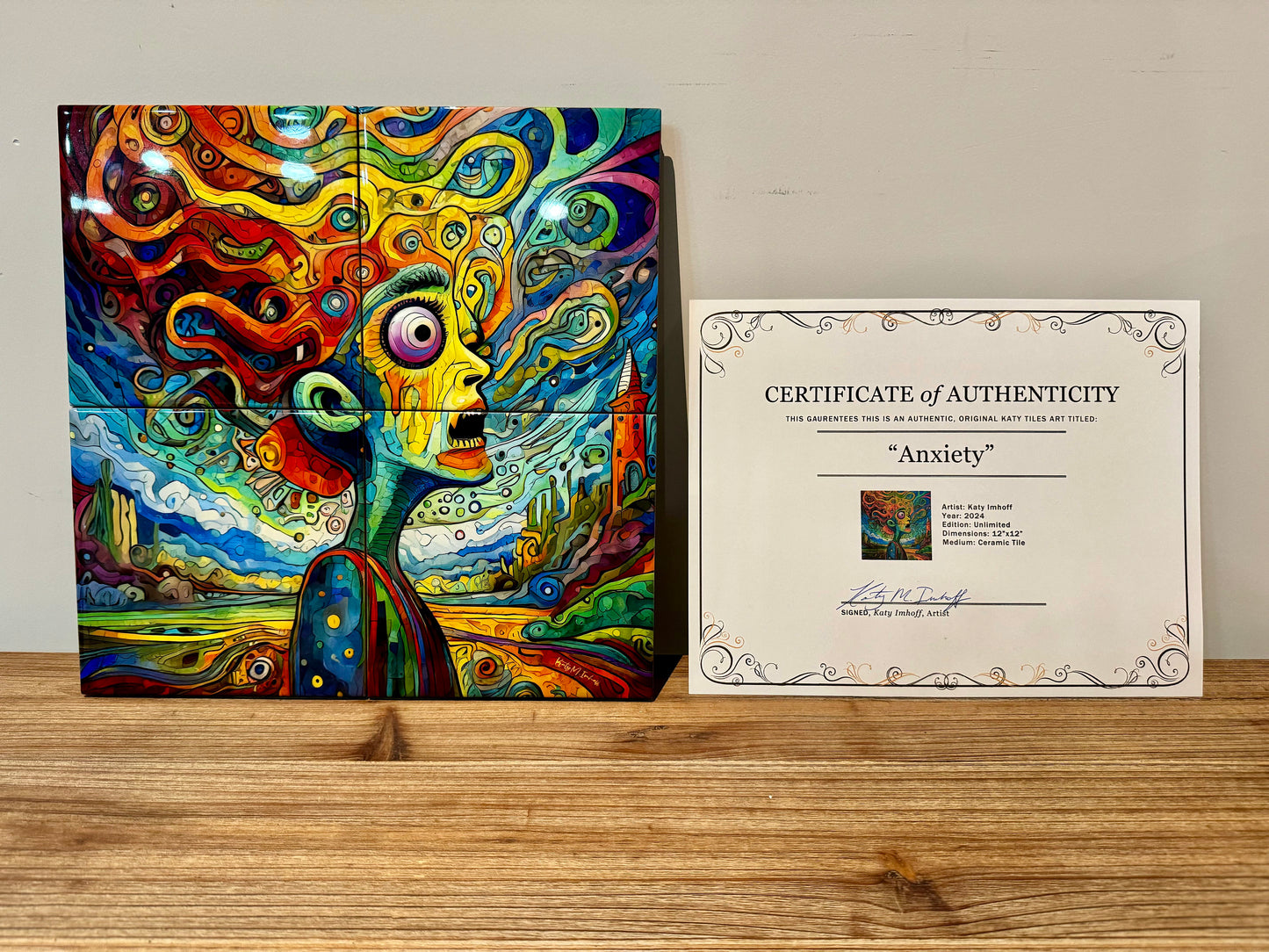 Anxiety Ceramic Tile Wall Art Hanging Flat Mount,12x12 Ceramic Tile Art, Signed, Letter of Authentication, 12"x12", Colorful home decor