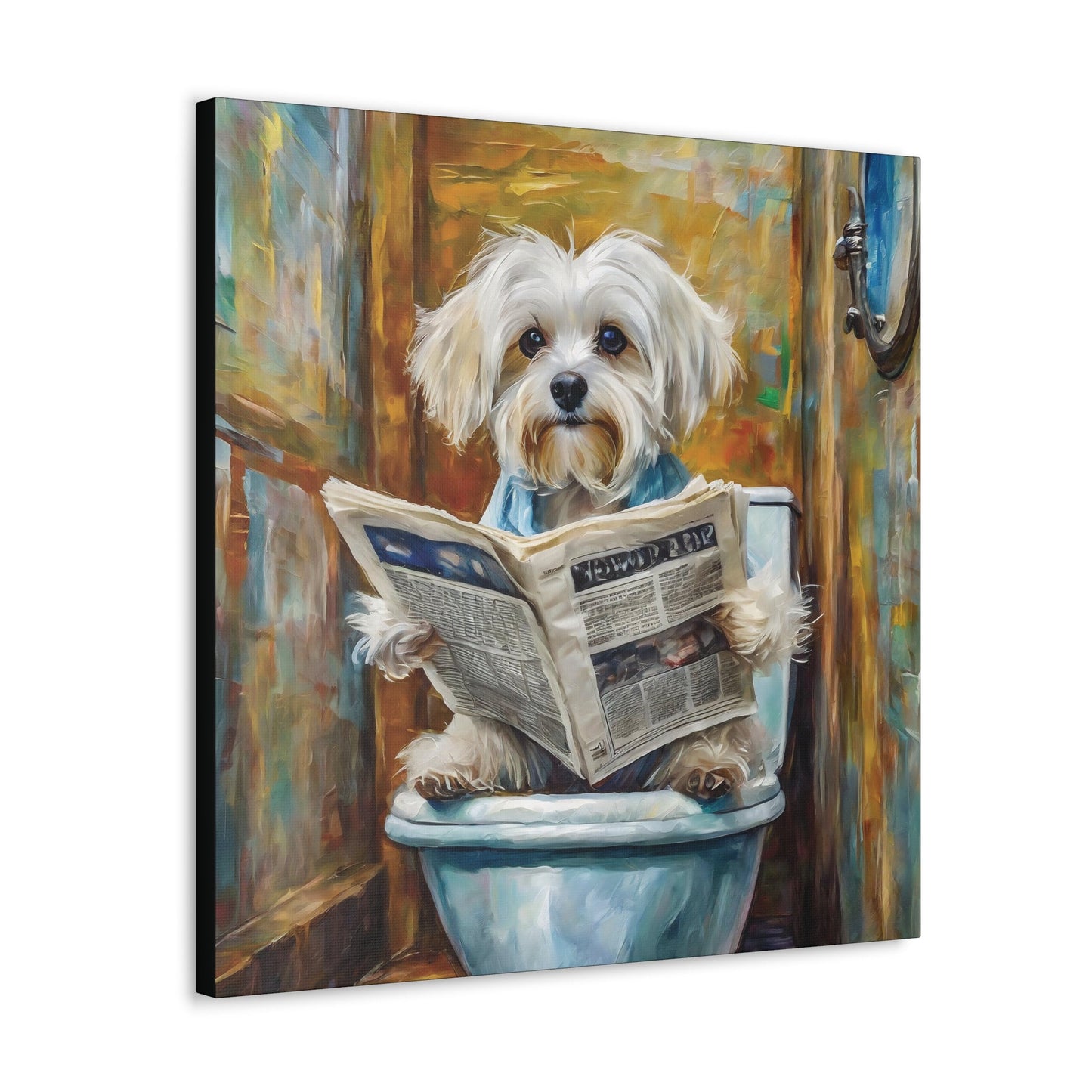 Frameless Canvas Print, Poopin' Maltese, 30x30, 24x24, 20x20, 16x16, Bathroom Picture, Bathroom Art, Gift for Dog Lovers, Dog Art