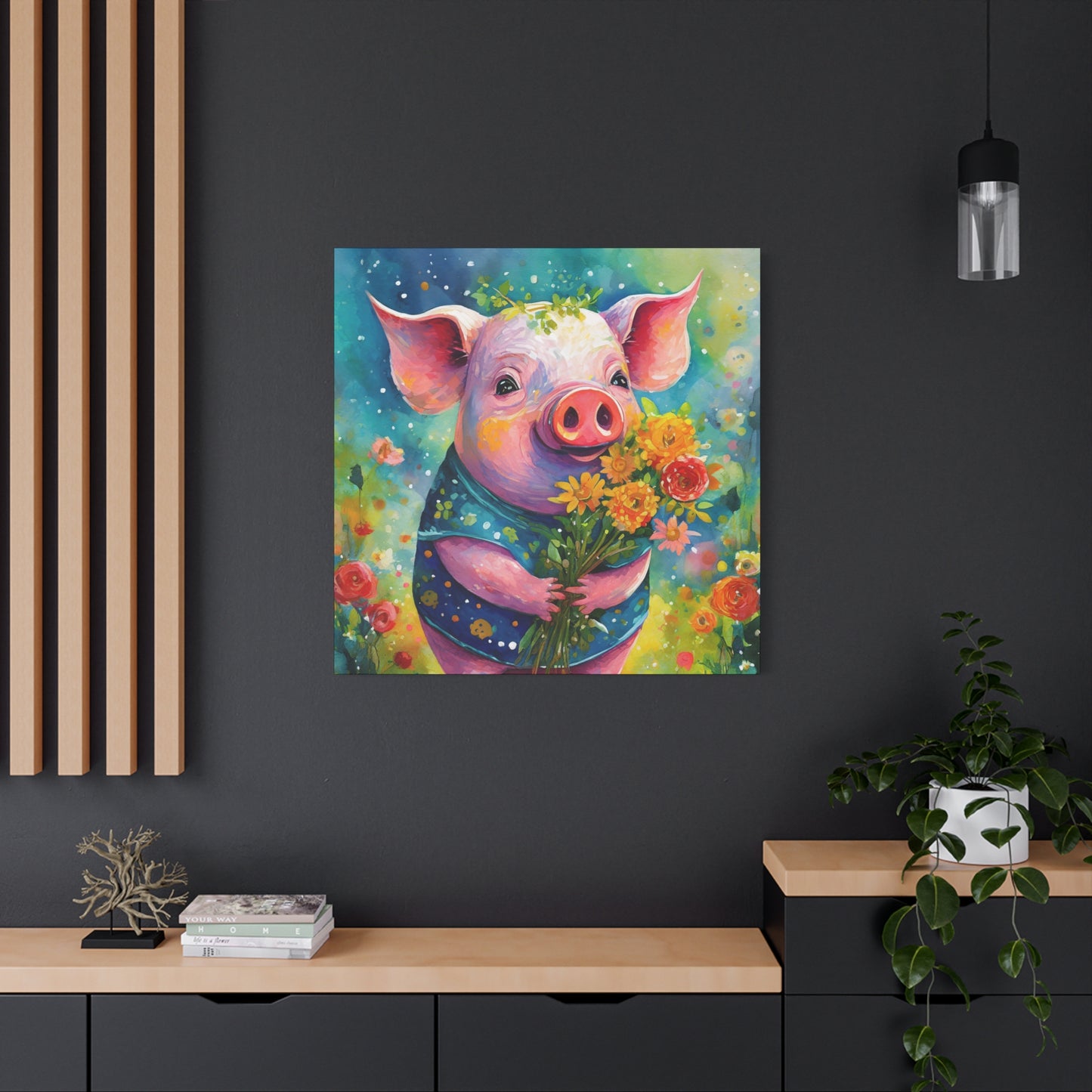 Flower Pig Frameless Canvas Wall Art Sizes 10”x10” – 36”x36”