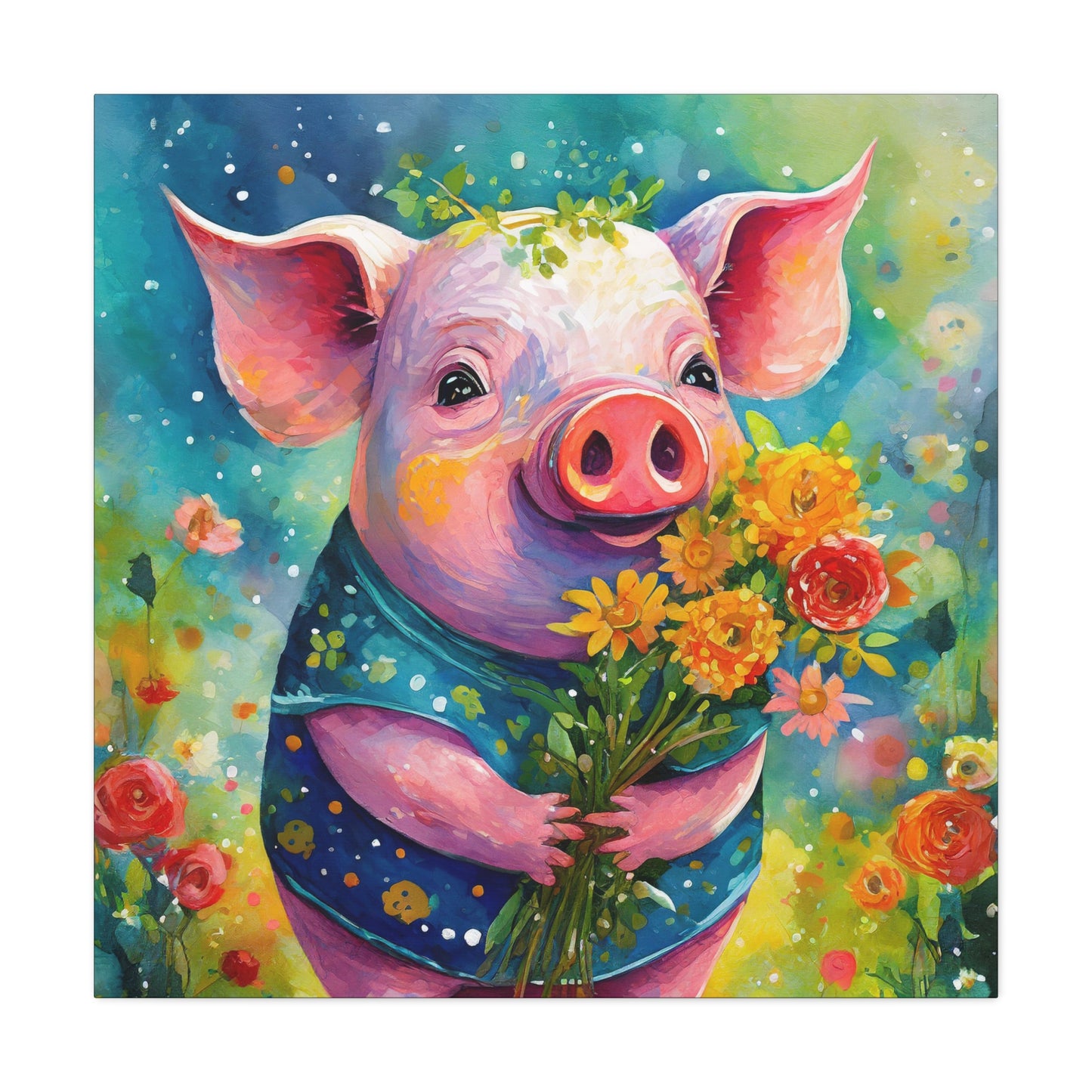 Flower Pig Frameless Canvas Wall Art Sizes 10”x10” – 36”x36”