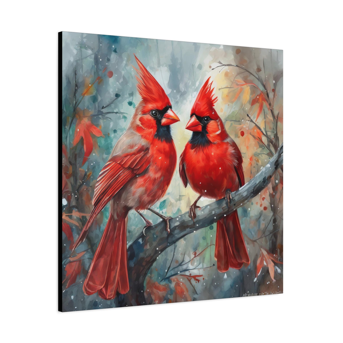Pair of Cardinals Frameless Canvas Wall Art Sizes 10”x10” – 36”x36”