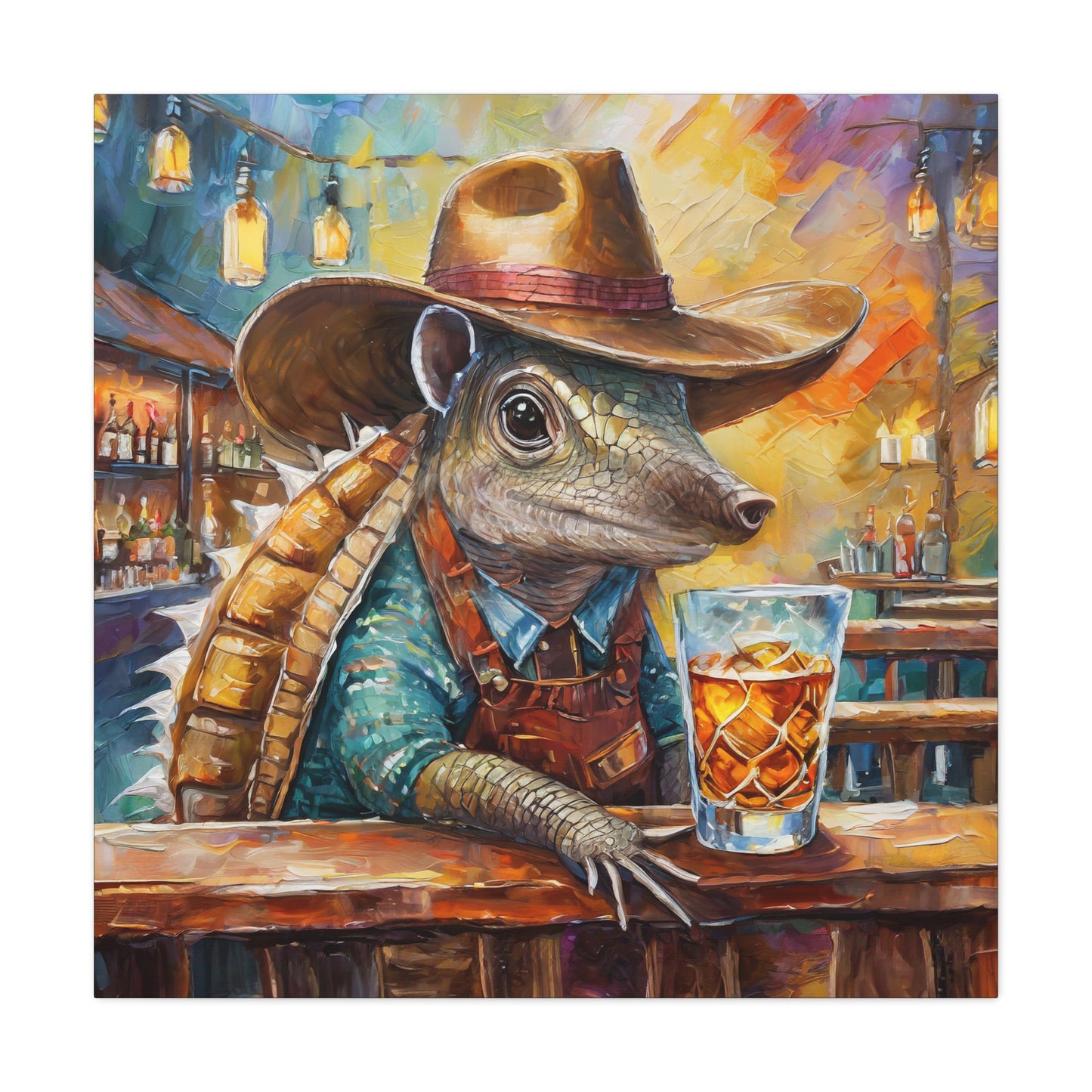 Whiskey Armadillo Frameless Canvas Wall Art Sizes 10”x10” – 36”x36”
