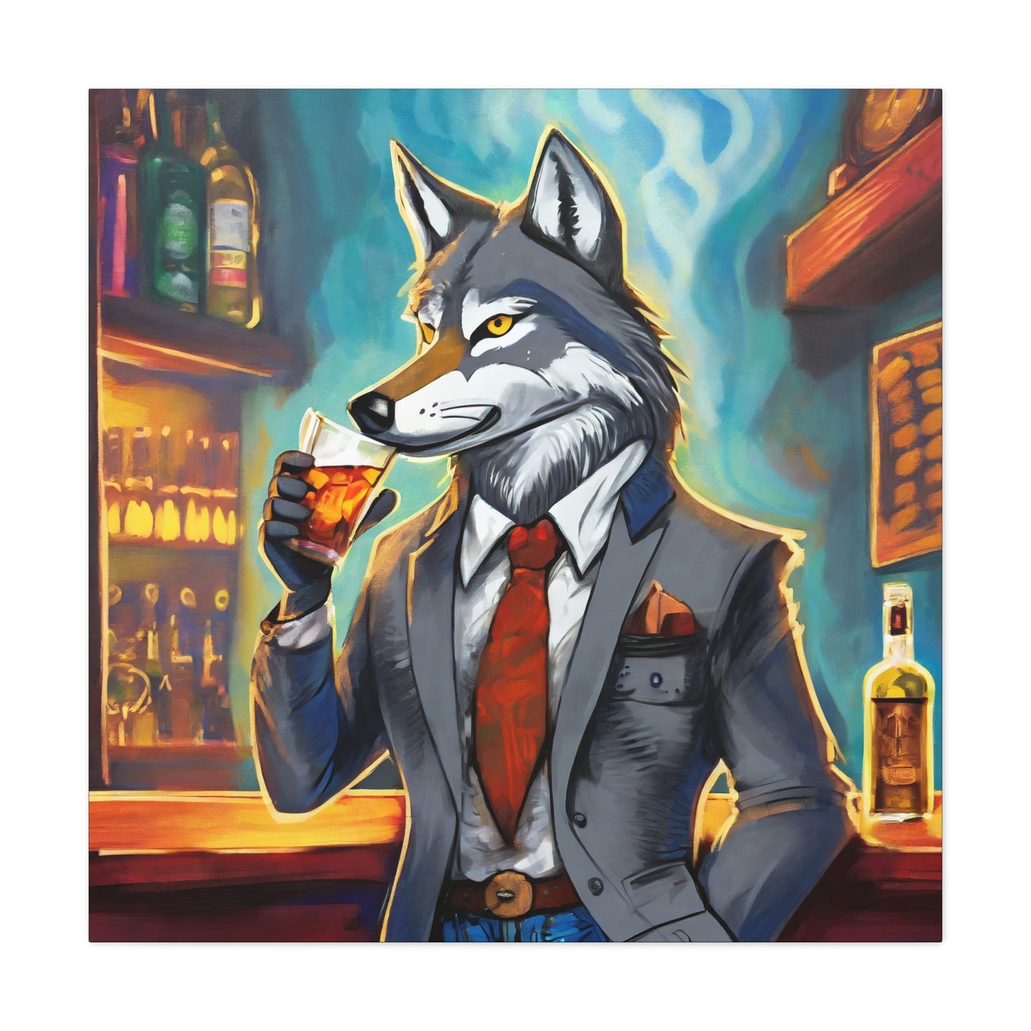 Whiskey Wolf Frameless Canvas Wall Art Sizes 10”x10” – 36”x36”