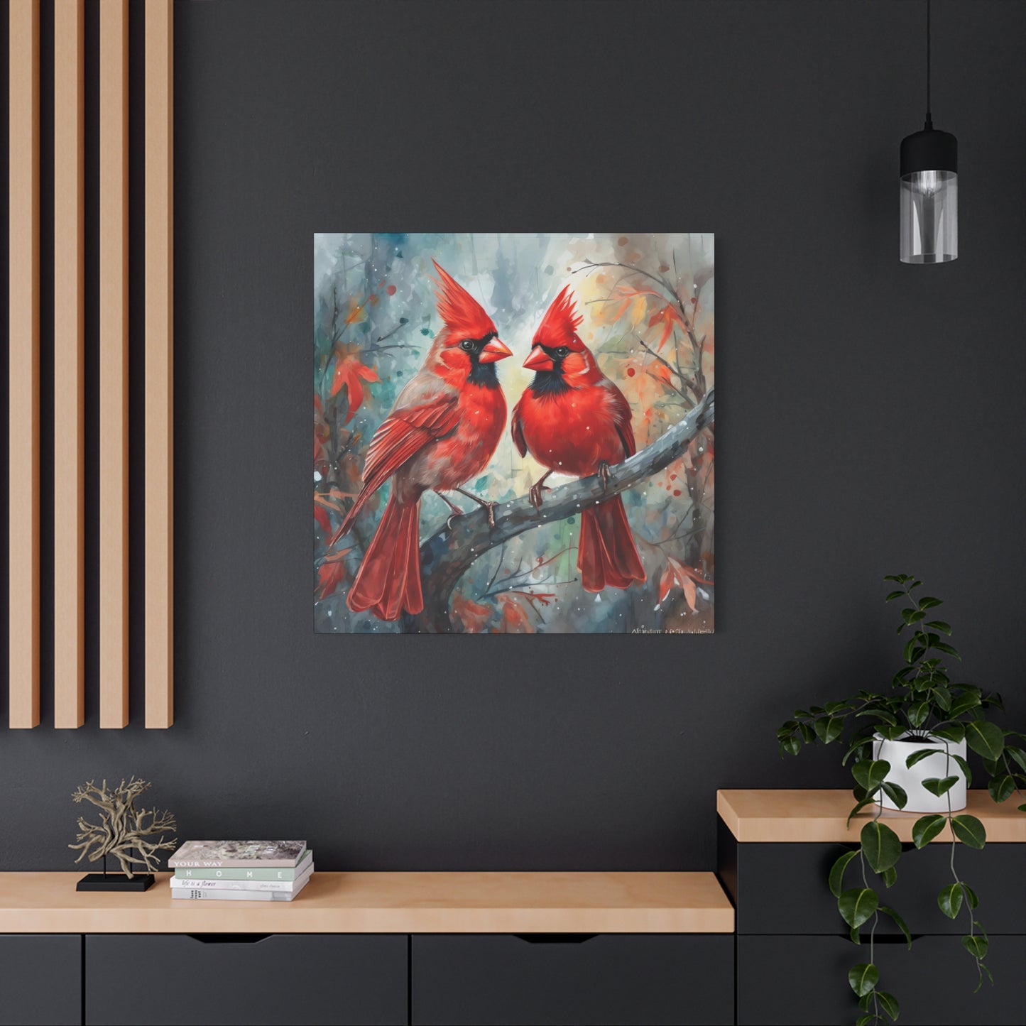Pair of Cardinals Frameless Canvas Wall Art Sizes 10”x10” – 36”x36”