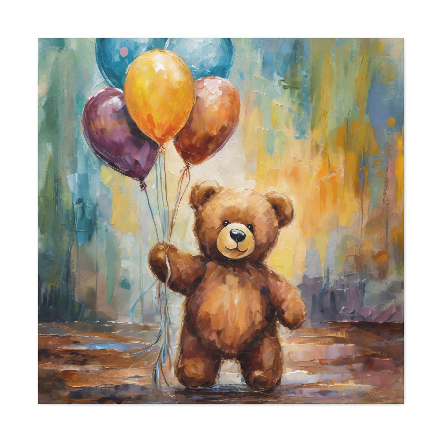 Teddy Bear Balloons Frameless Canvas Wall Art Sizes 10”x10” – 36”x36”