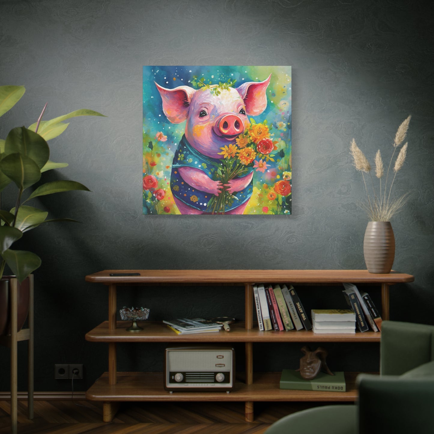 Flower Pig Frameless Canvas Wall Art Sizes 10”x10” – 36”x36”