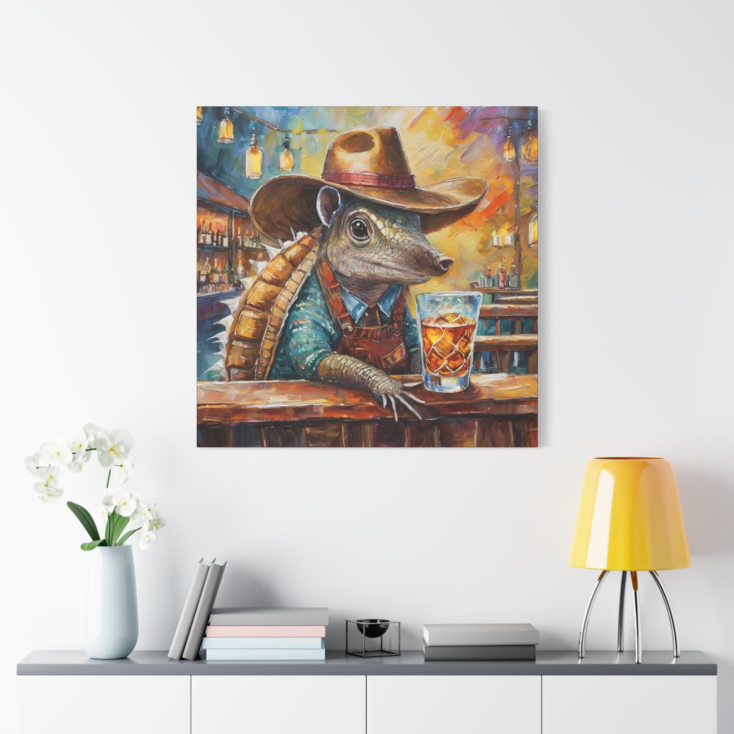 Whiskey Armadillo Frameless Canvas Wall Art Sizes 10”x10” – 36”x36”
