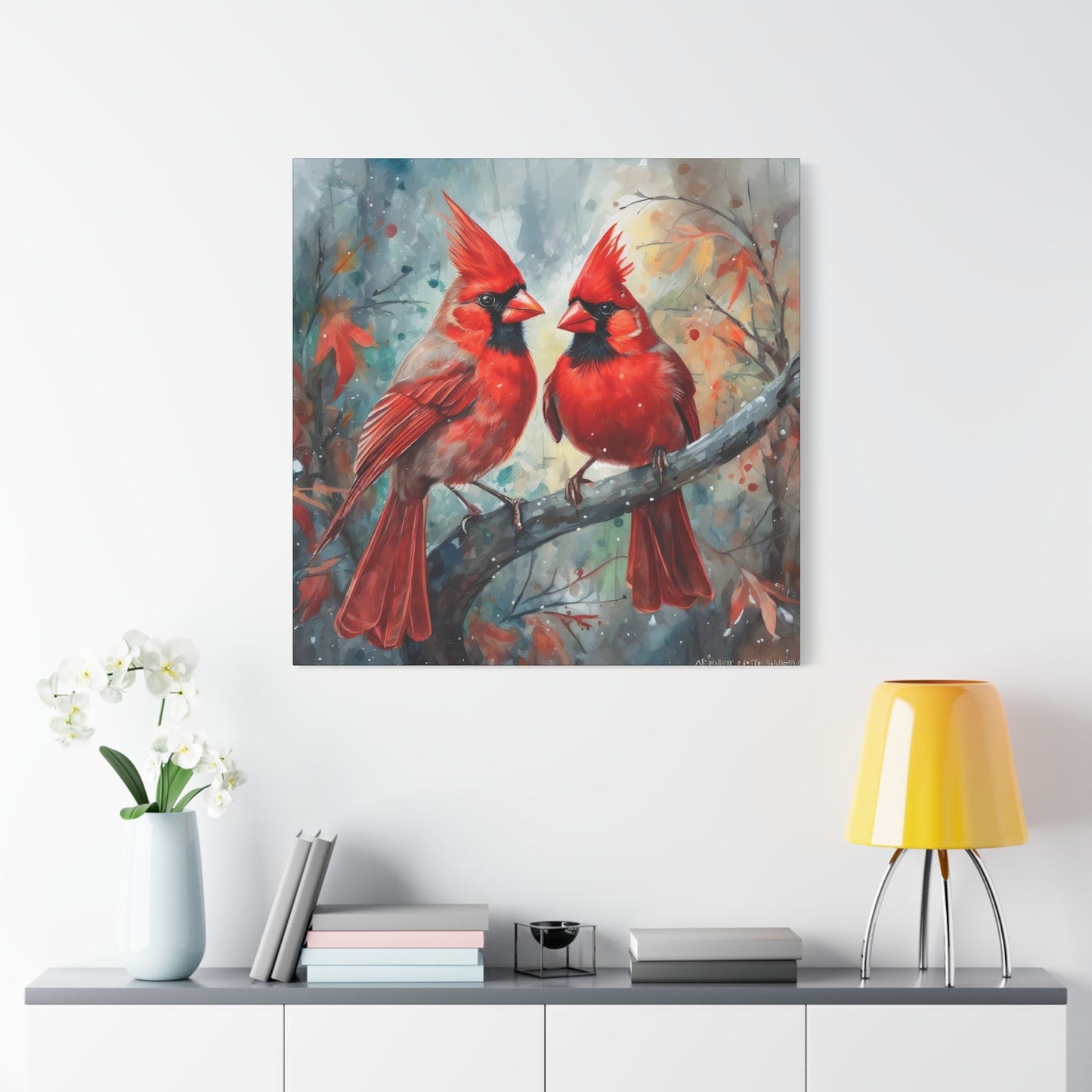 Pair of Cardinals Frameless Canvas Wall Art Sizes 10”x10” – 36”x36”