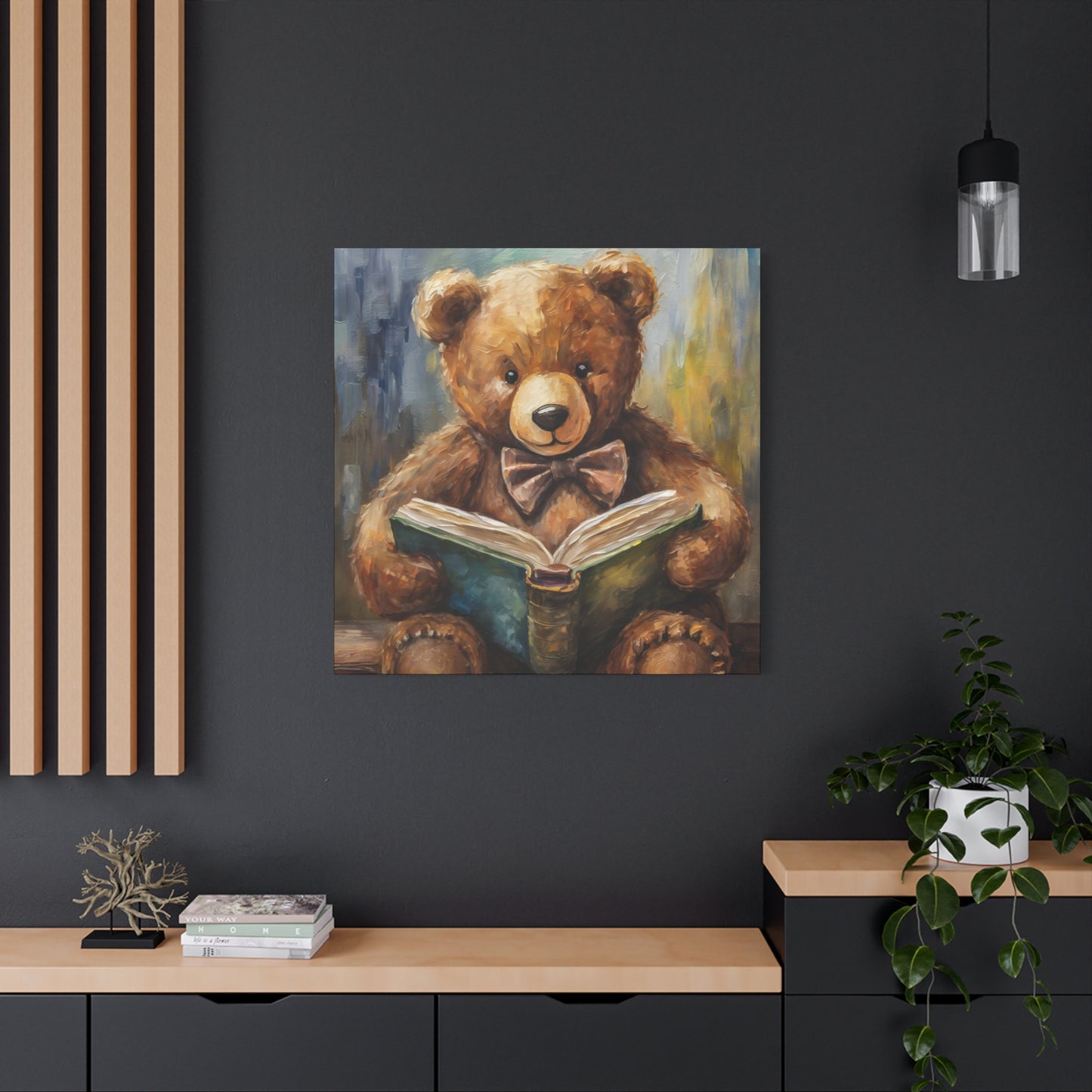 Teddy Bear Reading Book Frameless Canvas Wall Art Sizes 10”x10” – 36”x36”