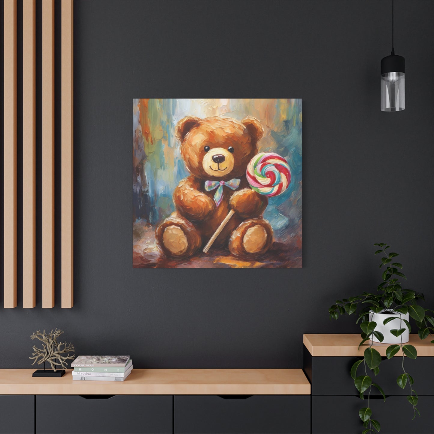 Teddy Bear Lollipop Frameless Canvas Wall Art Sizes 10”x10” – 36”x36”