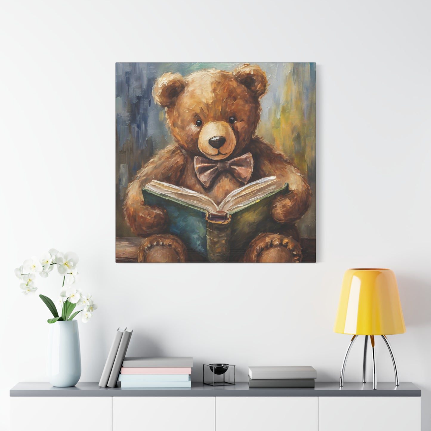 Teddy Bear Reading Book Frameless Canvas Wall Art Sizes 10”x10” – 36”x36”