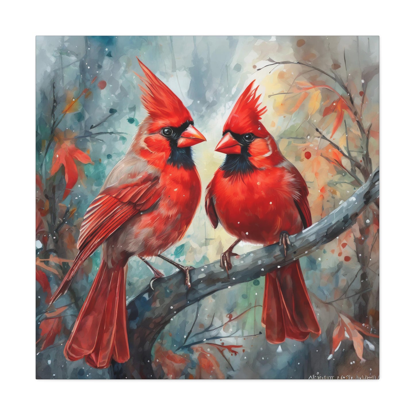 Pair of Cardinals Frameless Canvas Wall Art Sizes 10”x10” – 36”x36”