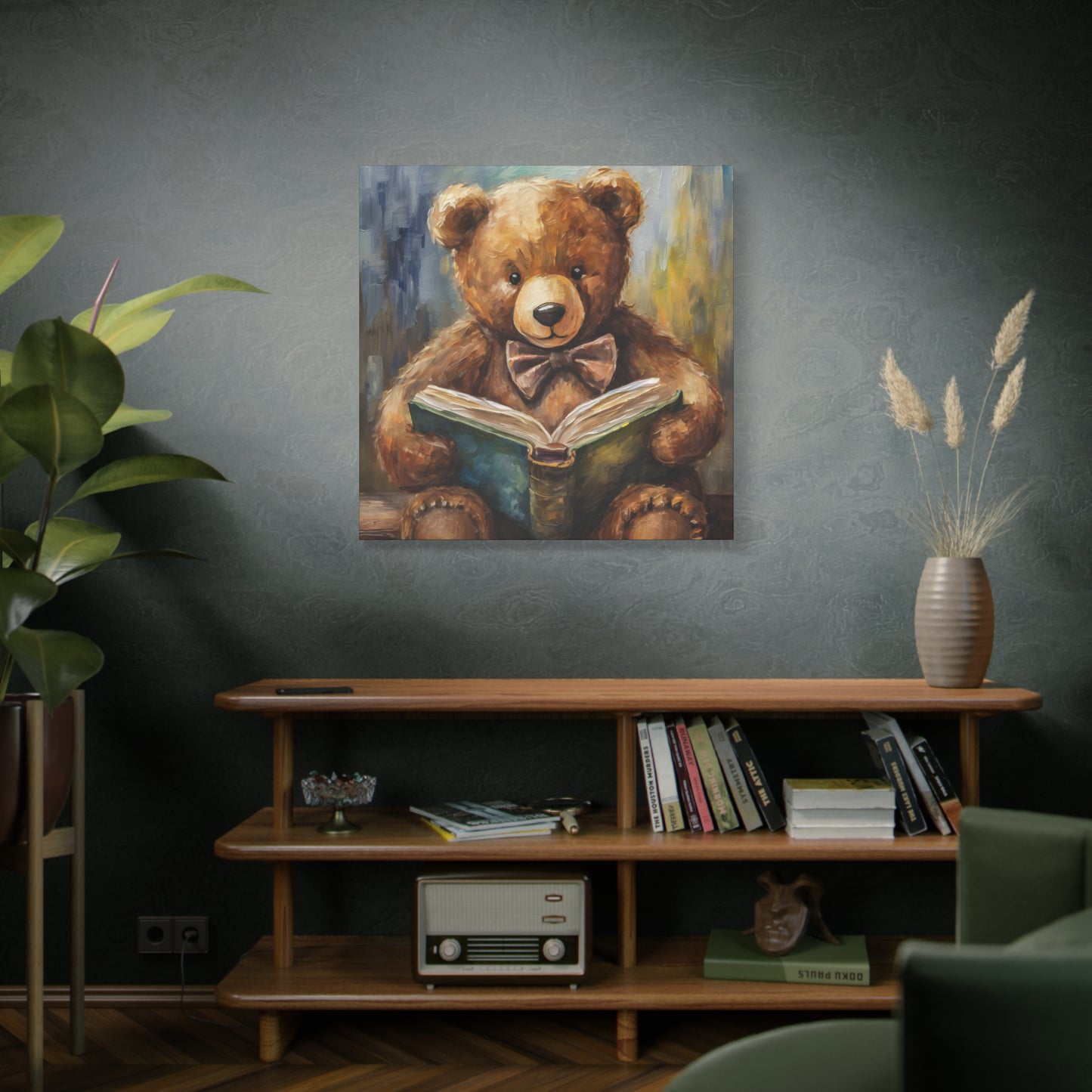 Teddy Bear Reading Book Frameless Canvas Wall Art Sizes 10”x10” – 36”x36”