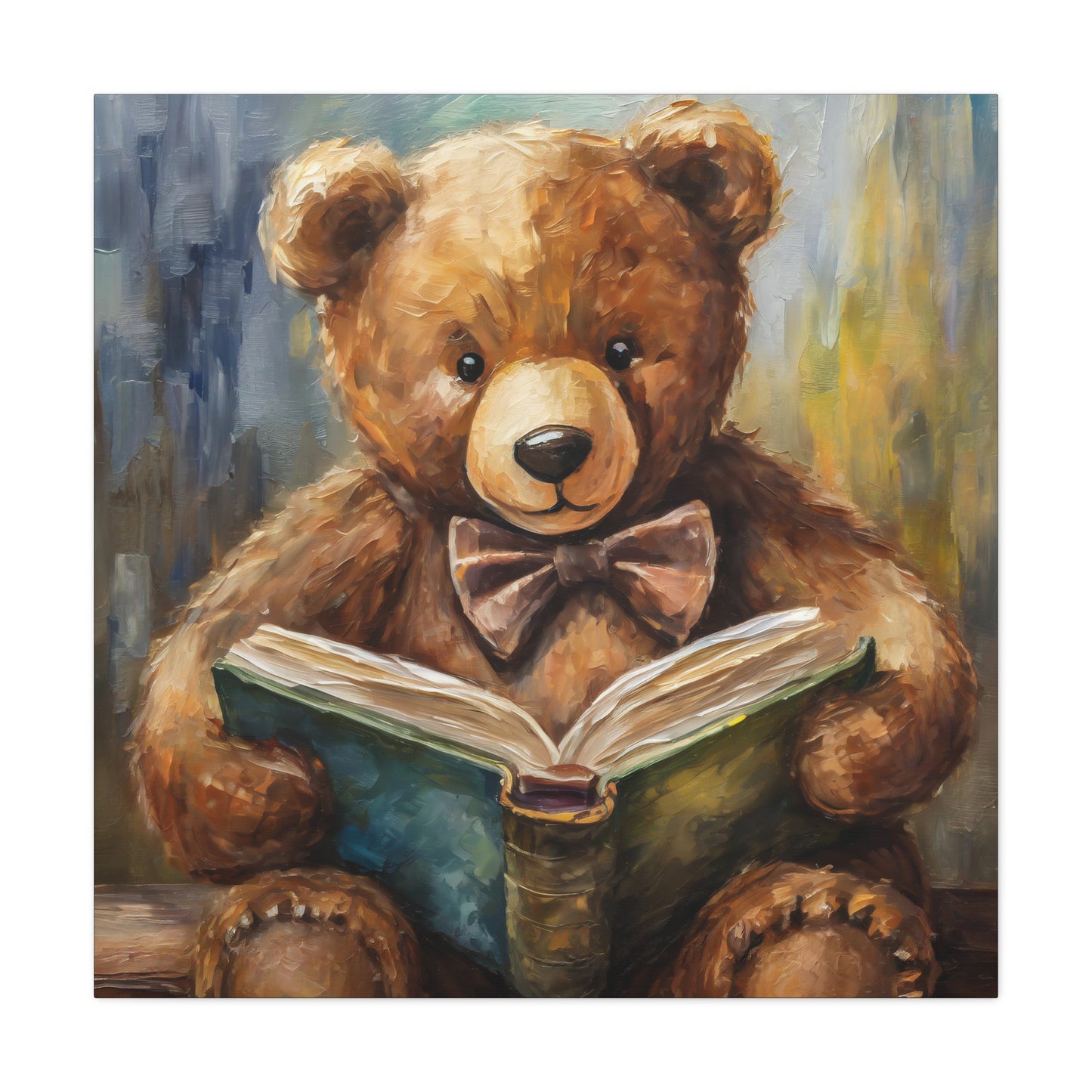 Teddy Bear Reading Book Frameless Canvas Wall Art Sizes 10”x10” – 36”x36”
