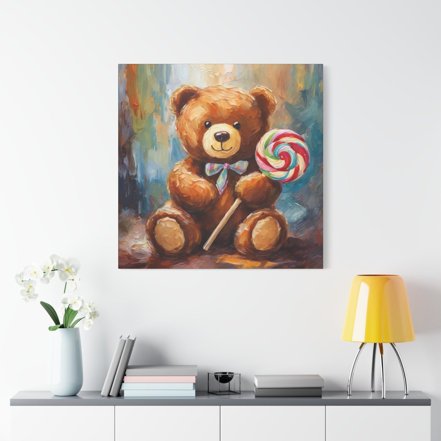 Teddy Bear Lollipop Frameless Canvas Wall Art Sizes 10”x10” – 36”x36”