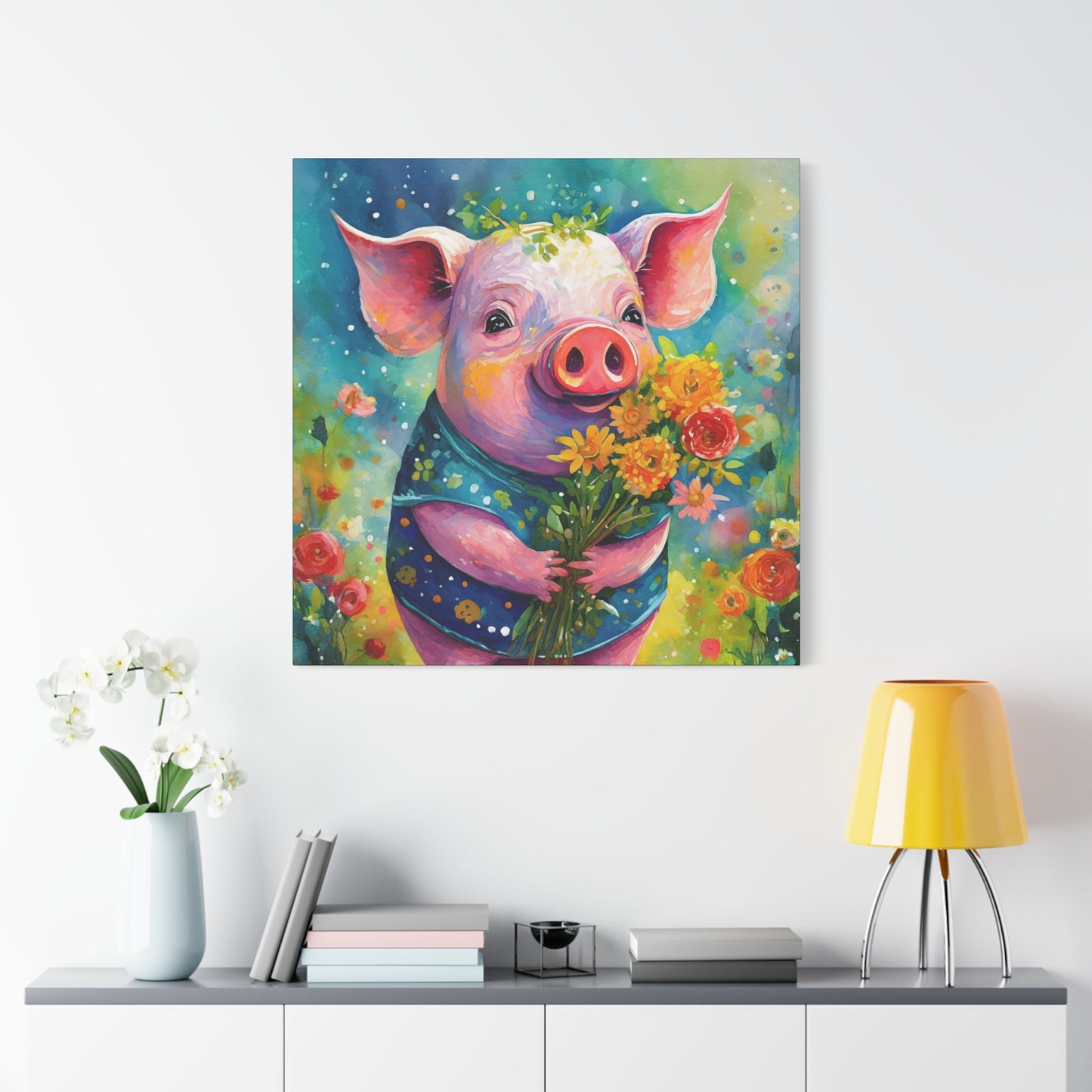Flower Pig Frameless Canvas Wall Art Sizes 10”x10” – 36”x36”