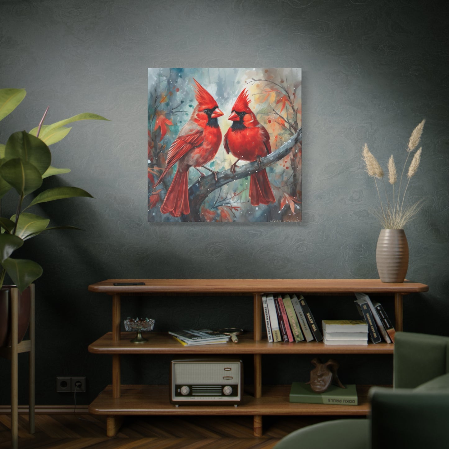Pair of Cardinals Frameless Canvas Wall Art Sizes 10”x10” – 36”x36”