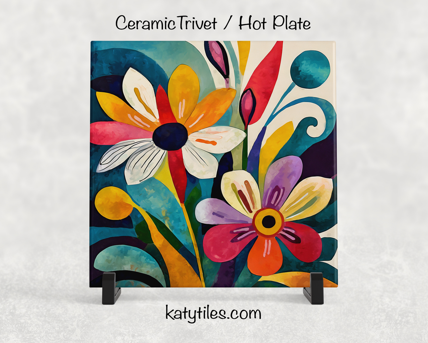 7 Designs! Mid-Century Modern Flower Ceramic Tile Trivet/Coaster – 6x6 Handmade Retro Kitchen Decor, MCM Floral Gift, Made in USA